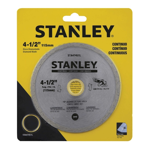Photo of STANLEY STA47451L diamond blade, 4-1/2 inch, in yellow retail packaging, front angle.