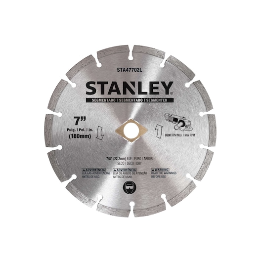 Photo of STANLEY STA47702L segmented 7-inch circular saw blade, silver, front angle on white background.