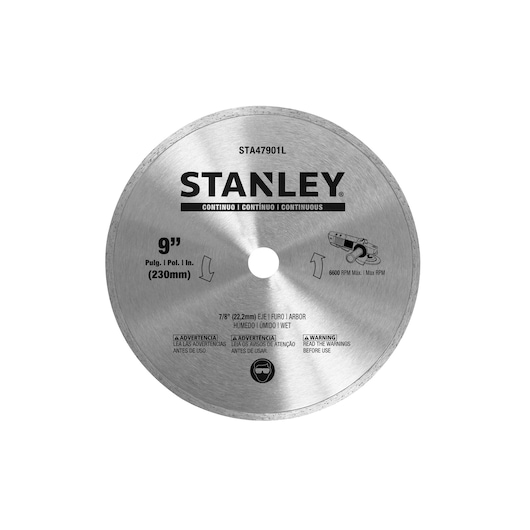 STANLEY STA47901L 9-inch continuous rim saw blade, silver, front angle, product photography.