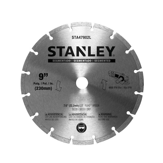 STANLEY STA47902L segmented diamond saw blade, 9 inch diameter, silver, product photo on white background.