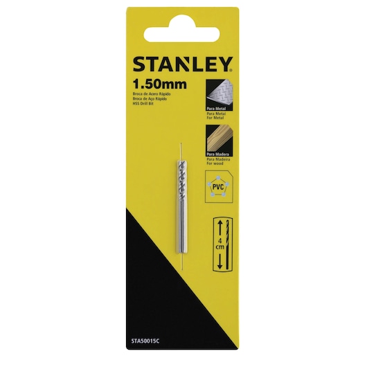 Photo of STANLEY STA50015C HSS drill bit 1.50mm in yellow and black packaging, front view.