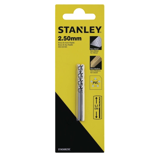 STANLEY STA50025C HSS drill bit 2.50mm in retail packaging, suitable for metal, wood, and PVC, front angle.