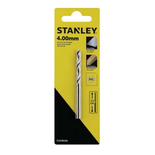 STANLEY STA50040C HSS drill bit 4.00mm, silver color, on retail card packaging, front angle.