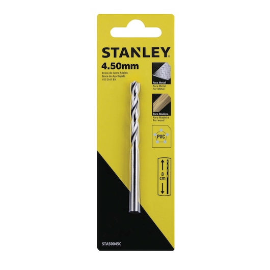 STANLEY STA50045C HSS drill bit 4.50mm for metal, wood, PVC, front view on yellow and black packaging.