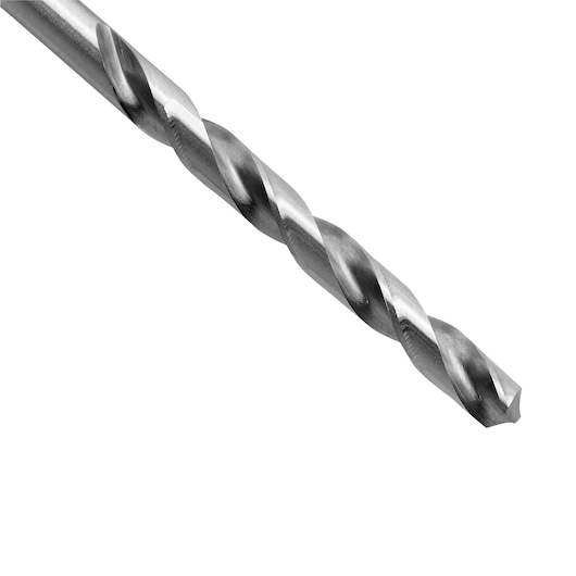 STANLEY STA50050C metal drill bit, close-up angle, silver finish, spiral flutes, photography on white background.