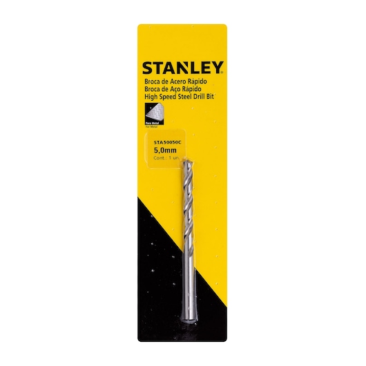 STANLEY STA50050C high speed steel drill bit, 5.0mm, single piece, front packaging photo.