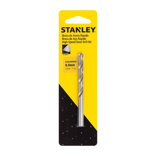 Photo of STANLEY STA50060C high speed steel drill bit 6mm in retail packaging, front angle.