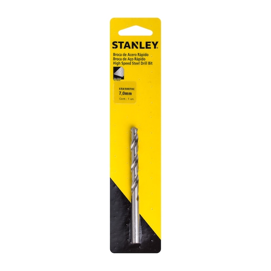 Stanley STA50070C high speed steel drill bit, 7.0mm, front view, in yellow and black packaging.