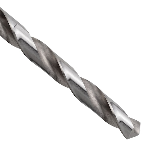 STANLEY STA50080C steel drill bit close-up on white background, spiral fluted design, photography.