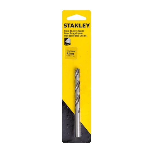 STANLEY STA50080C high speed steel drill bit 8.0mm in retail packaging, front angle, photography.