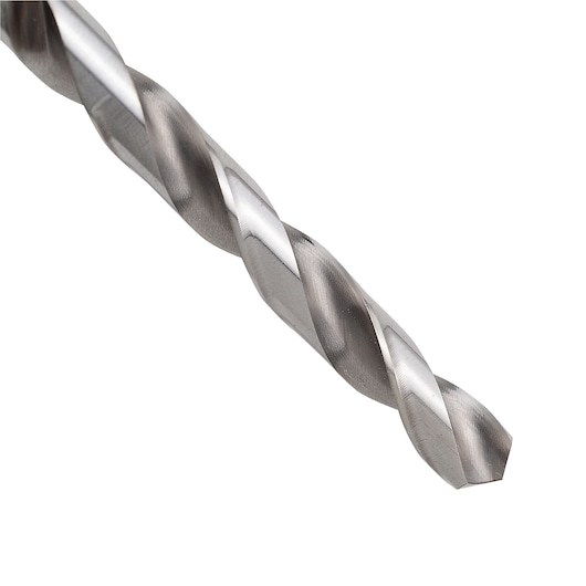 STANLEY STA50085C metal drill bit, close-up angle, silver finish, spiral flutes, photography on white background.