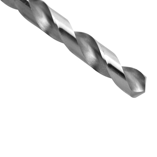 STANLEY STA50090C metal drill bit close-up on white background, showing spiral flutes and sharp tip.