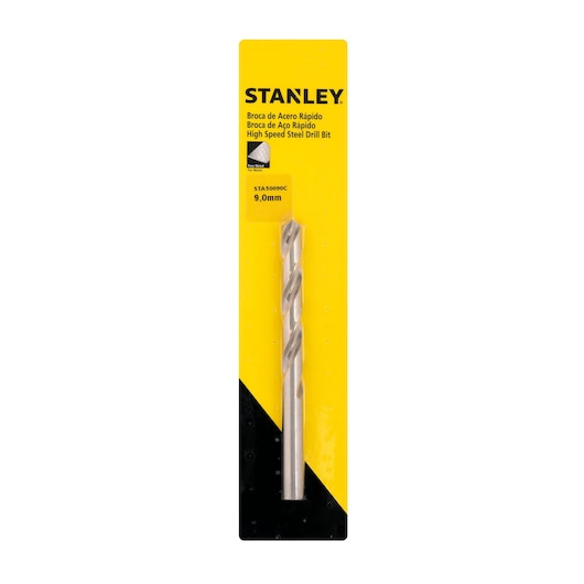 Stanley STA50090C high speed steel drill bit 9mm, front view, yellow and black packaging.
