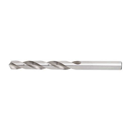 STANLEY STA50095C silver metal twist drill bit, side angle, isolated on white background.