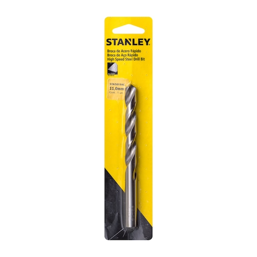STANLEY STA50110C high speed steel drill bit, 11.0mm, in retail packaging, front angle on white background.