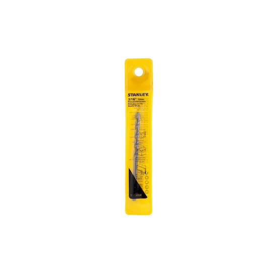 STANLEY STA53050C drill bit in yellow plastic packaging, front angle, 3/16 inch size, for drilling metal.