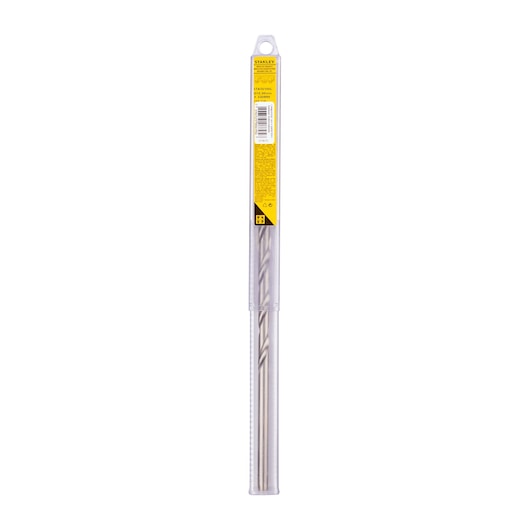 STANLEY STA56100C long silver drill bit in clear plastic packaging, front angle on white background.