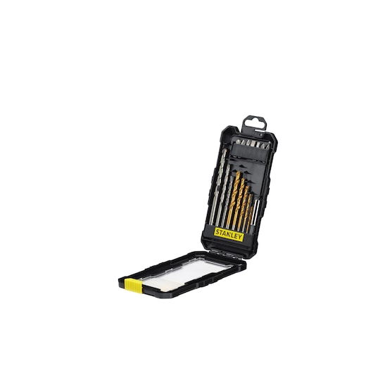 STANLEY STA7221-XJ drill bit set in black plastic case, open on white background, showing assorted bits.