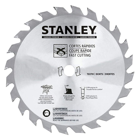 Photo of STANLEY STA7757 circular saw blade with sharp teeth, silver finish, and fast cutting label, front view.