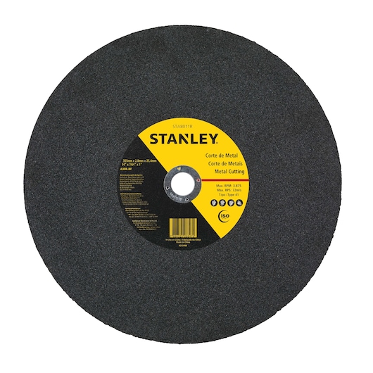 STANLEY STA8011R metal cutting disc, black with central yellow label, front angle on white background.