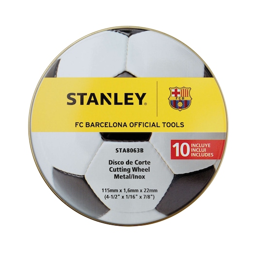 Photo of STANLEY STA8063B cutting wheel pack, FC Barcelona design, metal/inox, 115mm, front angle.