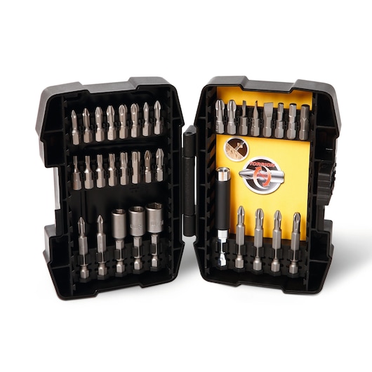 STANLEY STA88000-XJ screwdriver bit set in black plastic case, open to show multiple bits and accessories, front angle.
