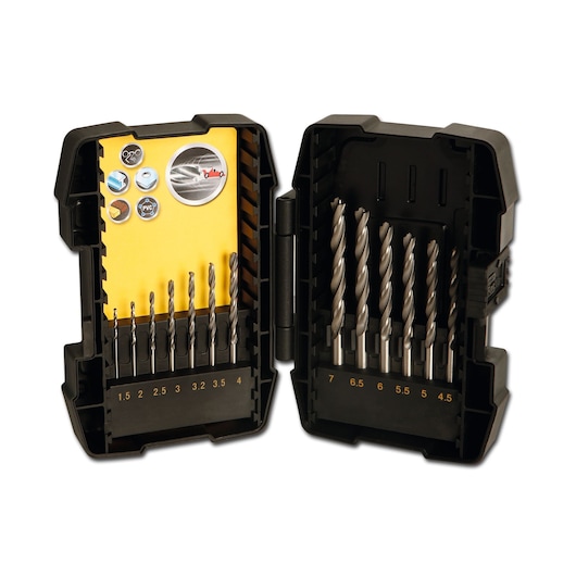 STANLEY STA88100-XJ drill bit set with eleven metal bits in black case, front angle on white background.