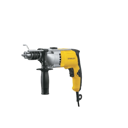STANLEY STDH8013 corded yellow and black hammer drill, side view, with auxiliary handle.