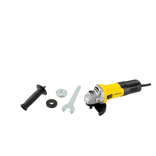Photo of STANLEY stgs9115 angle grinder set with yellow and black grinder, handle, wrench, and accessories, front angle.