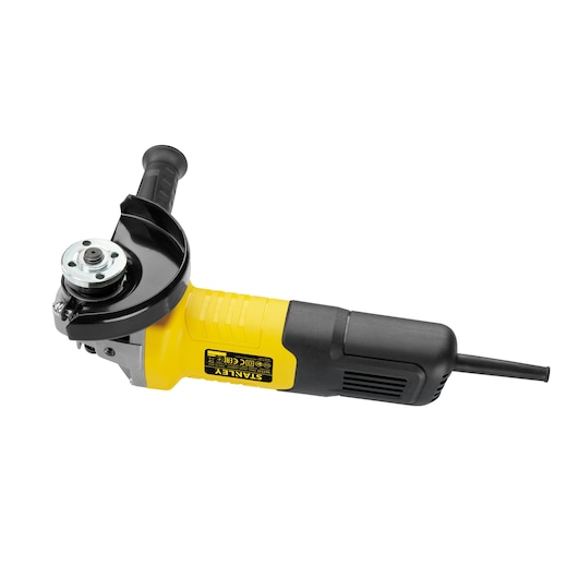 STANLEY stgs9115 angle grinder, yellow and black, side view on white background
