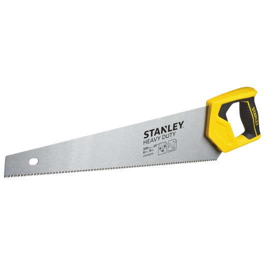 Stanley STHT20375-LA hand saw with yellow and black handle, heavy duty blade, front view on white background.