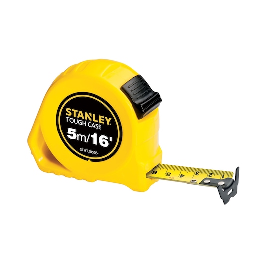 STANLEY STHT30505-840 yellow tape measure, 5m/16ft, photography, front angle on white background.