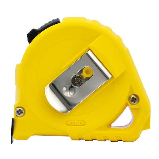 STANLEY STHT30505-840 tape measure, yellow with metal belt clip, side product photo.