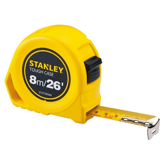 STANLEY STHT30506-840 yellow tape measure, tough case, 8m/26ft, front angle on white background.