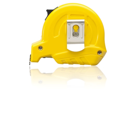 STANLEY STHT33989-840 yellow tape measure, front angle, with metal clip and black trigger.