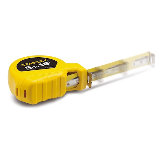 STANLEY STHT33989-840 yellow tape measure, 5m/16ft, side angle on white background.