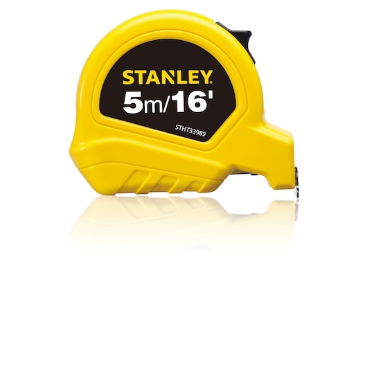 STANLEY STHT33989-840 tape measure, yellow casing, 5m/16ft, front angle, photography on white background.