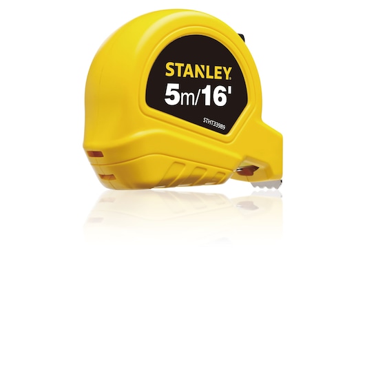 STANLEY STHT33989-840 yellow tape measure, 5m/16ft, side angle on white background.