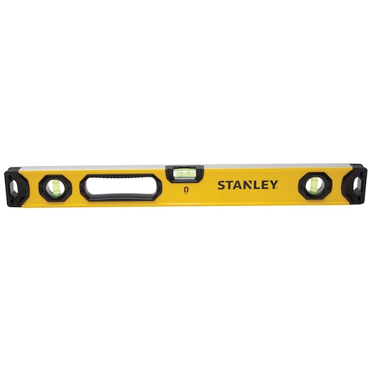 Stanley yellow spirit level with three vials, black end caps, and center handle, front angle on white background