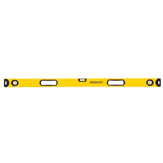 Stanley yellow spirit level front view, three vials, two grip handles, black end caps on white background