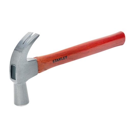 STANLEY STHT51371-840 claw hammer with silver head and red wooden handle, side view on white background.