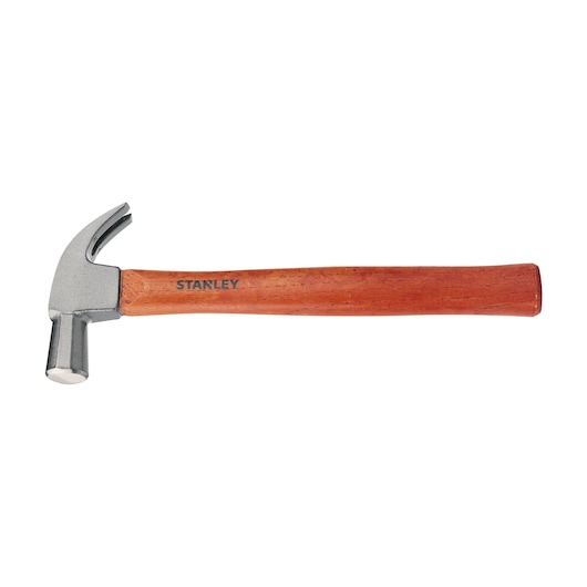 Stanley STHT51371-840 claw hammer with wood handle, side view on white background.
