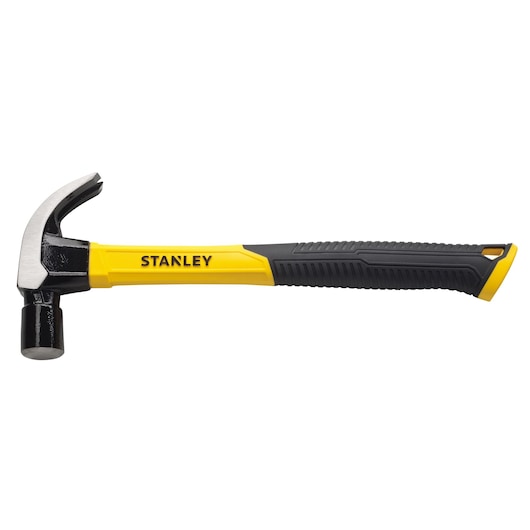 STANLEY STHT51391 claw hammer with yellow and black handle, side view on white background.