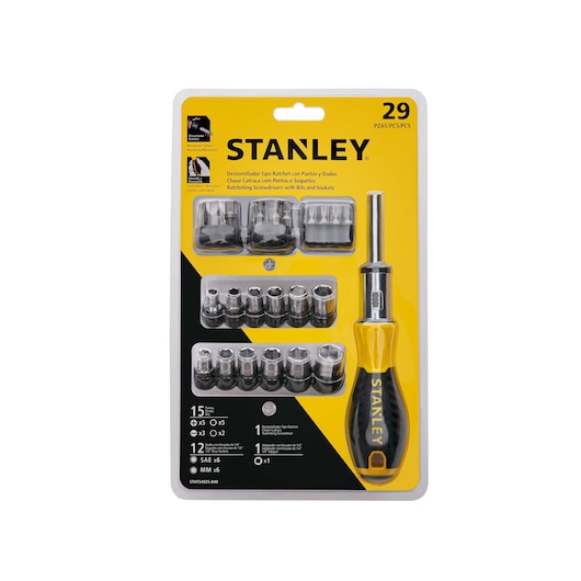 STANLEY STHT54925-840 ratcheting screwdriver set with bits and sockets, photo of 29-piece kit in retail packaging, front view.