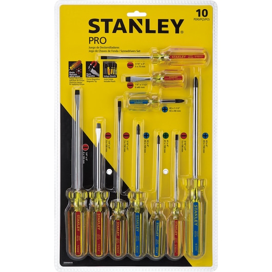 STANLEY STHT69172 screwdriver set, 10-piece assorted screwdrivers with transparent yellow handles, retail packaging, front view.