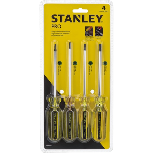 Photo of STANLEY STHT69173 screwdriver set, 4 pieces in retail packaging, yellow and black handles, front view.