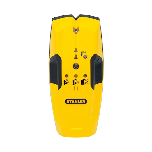 Front angle of STANLEY electronic stud finder, yellow with black grips and indicator lights on white background.