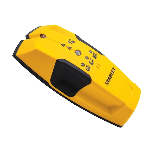 Stanley stud finder in yellow and black, angled view, with LED indicators and rubber grip on white background