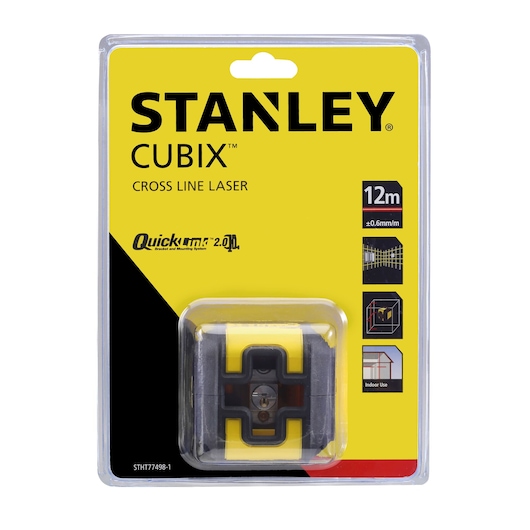 Stanley STHT77498 photography of Cubix cross line laser in retail packaging, front angle on white background.