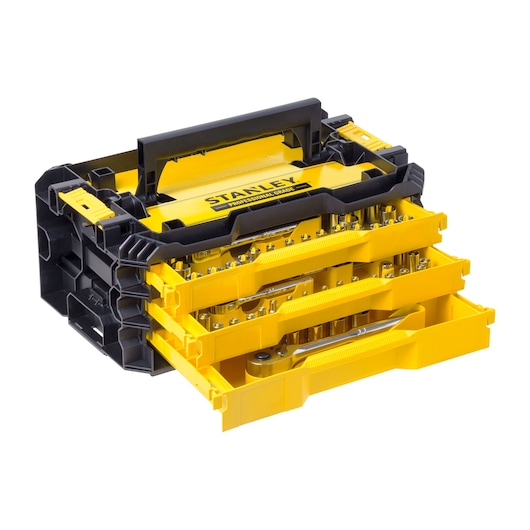 Right side view of STANLEY 203 PCS mechanics tool set with 3-drawer tool box packaging